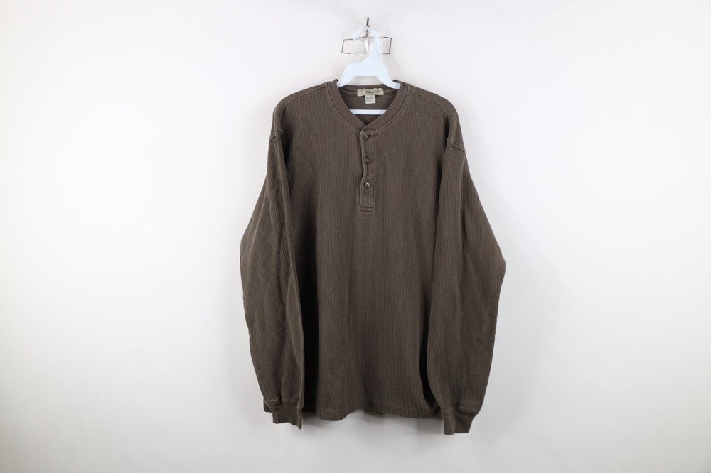 Vtg 90s Streetwear Mens Large Faded Heavy Ribbed Knit Long Sleeve Henley T-Shirt