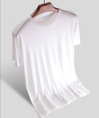 Men’s Silk T-Shirt Knitted Crew Neck Short Sleeve Summer Casual Top Soft
