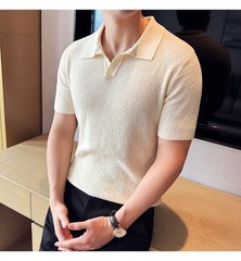 Summer New Men’s Short Sleeve Knit Shirt V-Neck Collar Slimming Casual Shirt Top