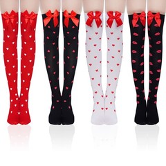 4 Pairs Valentine’s Day Socks With Bows Women Girls Thigh High Stockings Hear…