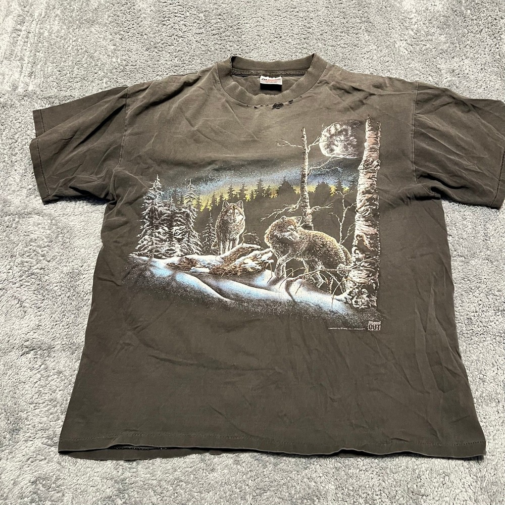 Vintage Oneita Shirt Mens XL Wolf Print Single Stitch Tee Gray Distressed *