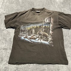 Vintage Oneita Shirt Mens XL Wolf Print Single Stitch Tee Gray Distressed *