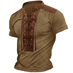 Men’s New Summer Color Contrast Small Stand Lace Up Short Sleeved Top Men’s T