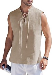 Men Cotton Linen Tank Top Sleeveless Lace Up Shirt Bohemian Beach Casual Tunic
