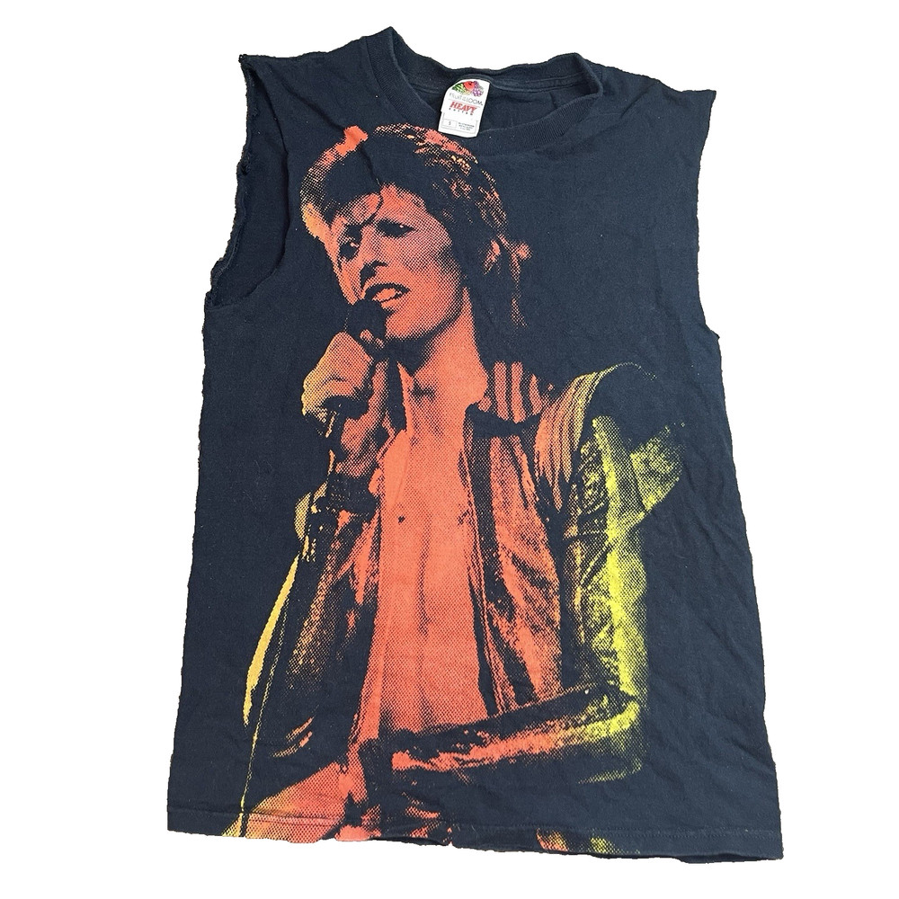 David Bowie Ziggy Stardust Black Graphic Muscle Tee Shirt Cut Off Sleeves Small