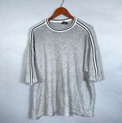 Y2K Left Coast Knit T-Shirt Adult Large Gray Striped Sleeve Cotton Knit USA Made