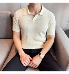 Summer New Men’s Short Sleeve Knit Shirt V-Neck Collar Slimming Casual Shirt Top