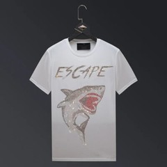 New Men Fashion Diamond Shark Rhinestones Luxury Black White T-Shirt