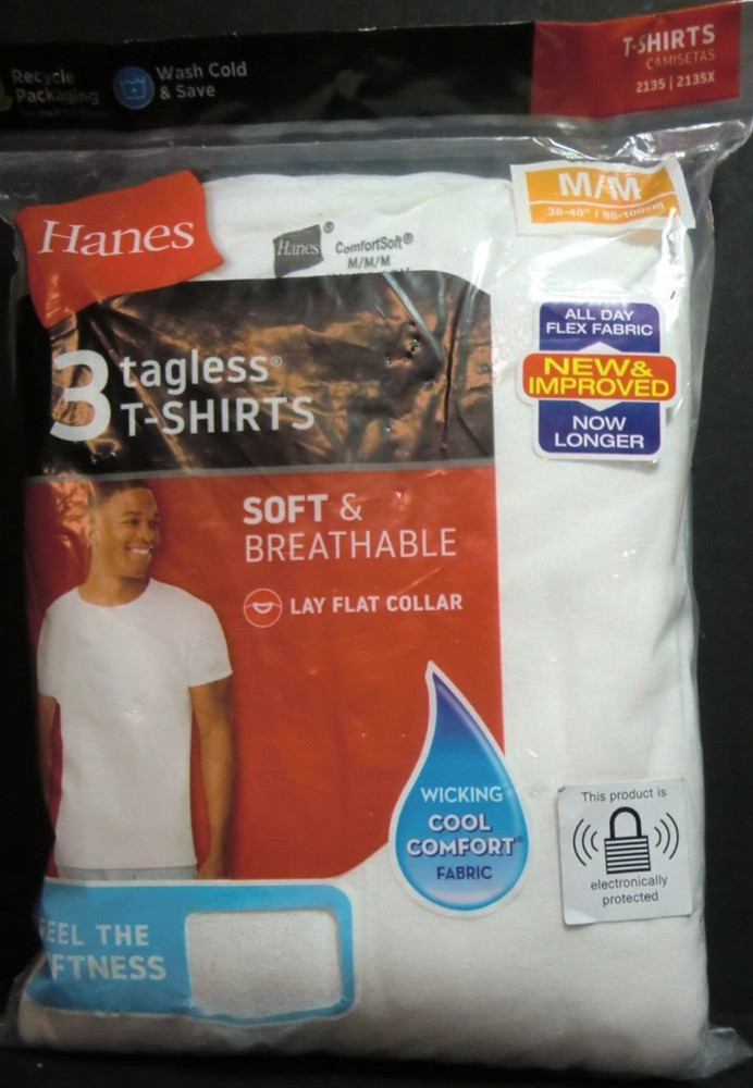 Mens Hanes T-Shirts Pkg Of 3 Tagless Wicking Cool Comfort Size MM (38-40) White