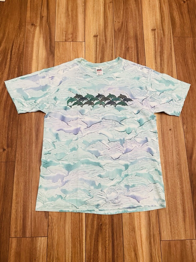 Vintage 90’s Monterey Bay California Art Nature Dolphin Tie Dye Adult Size Large