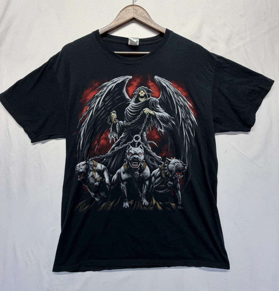 Fruit Of The Loom HD Cotton T Shirt Mens L Black Cotton Graphic Grim Reaper Dogs