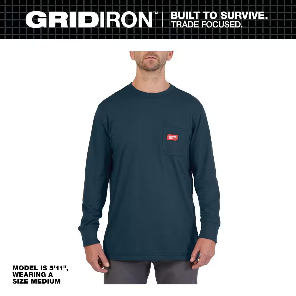 Men’S 2X-Large Blue GRIDIRON Cotton/Polyester Long-Sleeve Pocket T-Shirt
