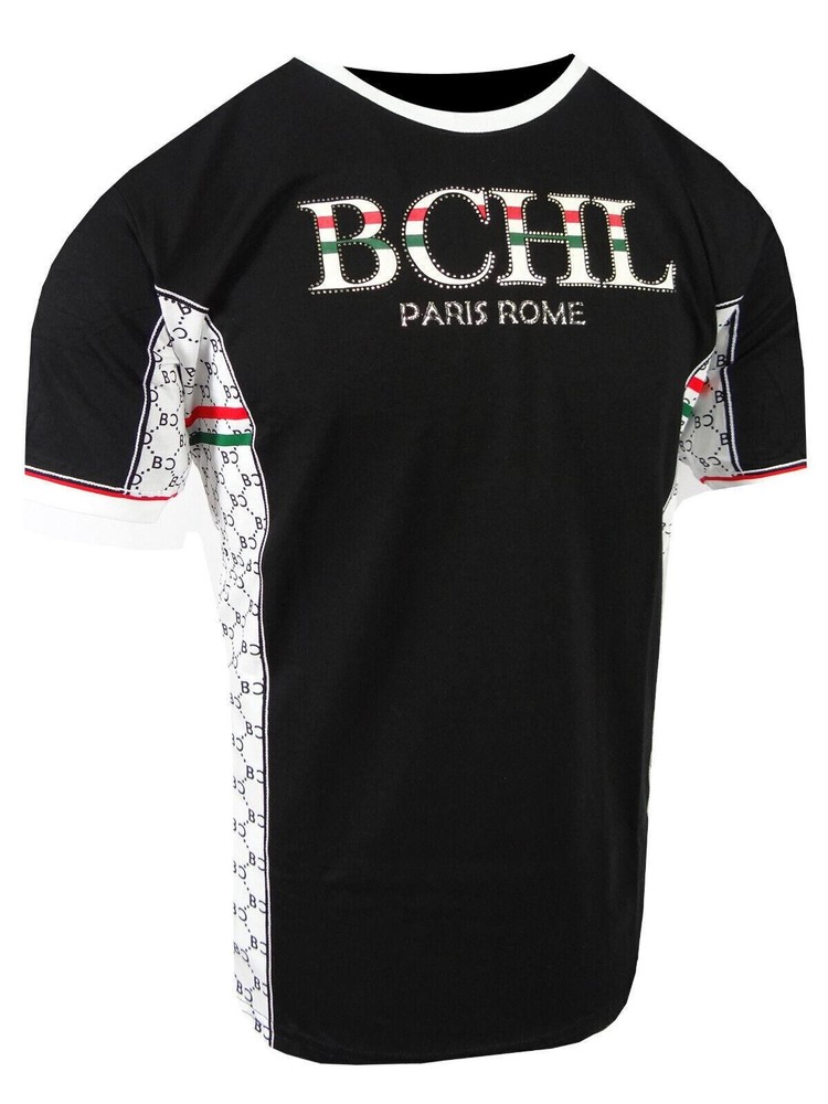 Mens T-Shirt Italian Sport Print Sides Gold Trim Bucheli Logo Slim Fit Crew Neck