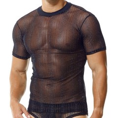 Men’s Glitter Sheer Mesh T-shirts Short Sleeve Ultra-thin Daily Undershirts Tops
