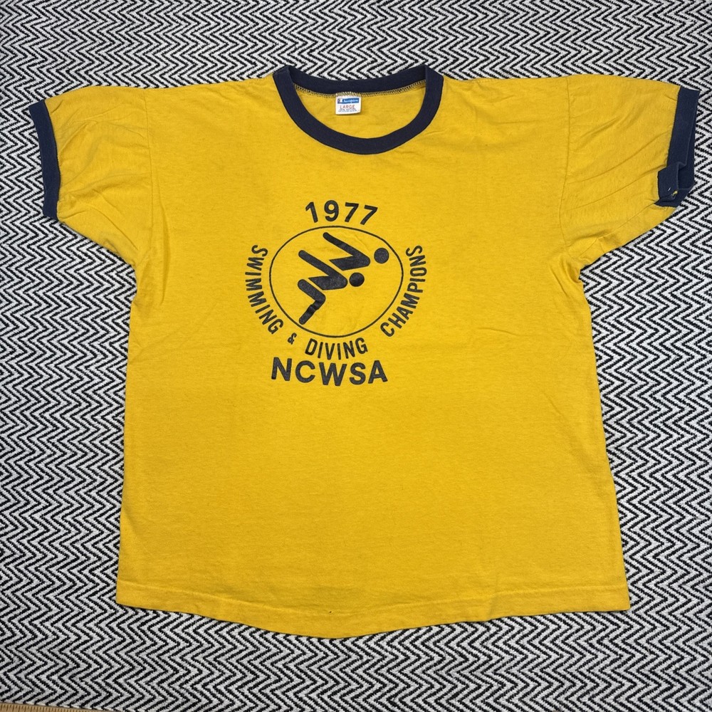VTG 70s Champion SZ L Blue Bar NCWSA Swimming Diving Champions Yellow Ringer USA