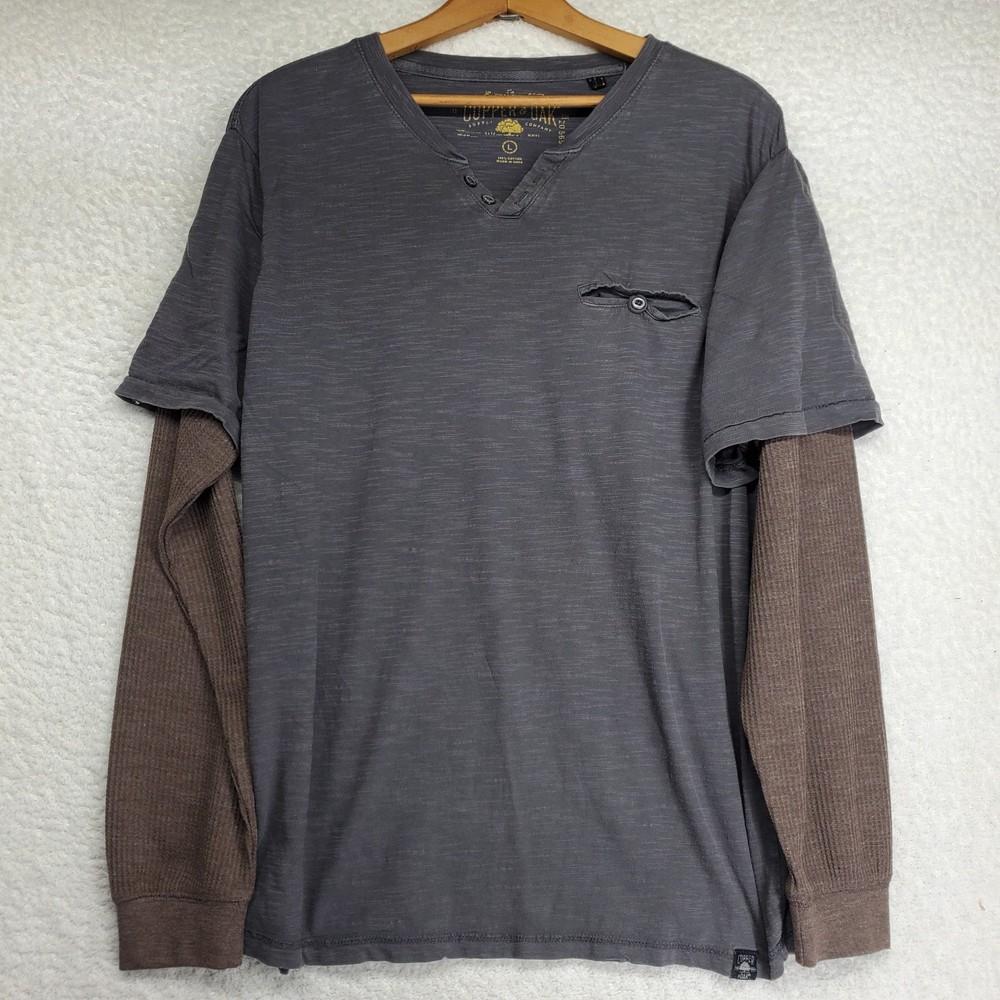 Men’s Henley Twofer Shirt Large Gray Brown Thermal Sleeve MMA Y2K Skater 90’s