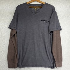 Men’s Henley Twofer Shirt Large Gray Brown Thermal Sleeve MMA Y2K Skater 90’s