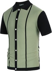 Mens Vintage Striped Knitted Polo Shirt Short Sleeve Button Down Golf Casual Top
