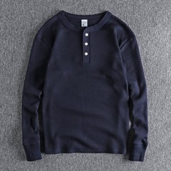 Retro Thread Cuff Knitted Waffle T-Shirt Men’s Long Sleeve Henry Collar Shirt