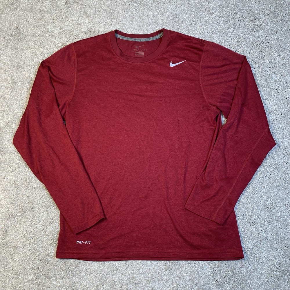 NIKE Mens Long Sleeve T-shirt Dri Fit Crewneck Lightweight Maroon Athlete SMALL