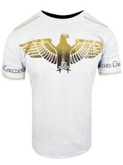 Mens T-Shirt Black Designer Italian Shiny Blue Eagle Bucheli Slim Fit Crew Neck
