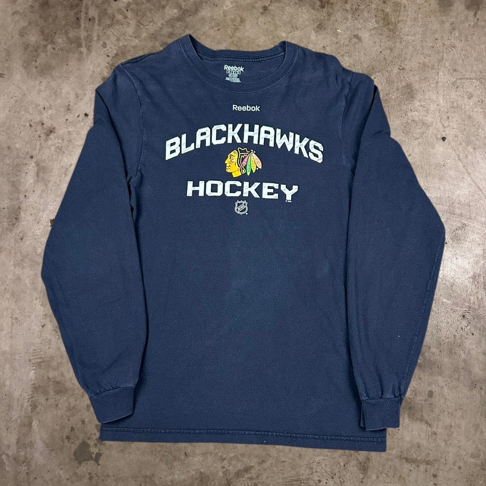 Reebok Chicago Blackhawks Hockey Long Sleeve T-Shirt NHL Tee Black Mens Size M