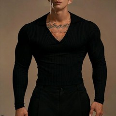 Men’s Athletic Pullover Top with V Neck Long Sleeves and Bold Stripe Design