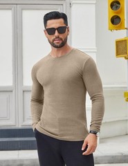 Men’s 2 Pack T-Shirt Long Sleeve Ribbed Slim Fitted Tee Shirts Casual Crewnec…