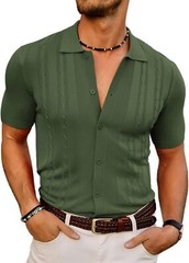 Mens Vintage Striped Knitted Polo Shirt Short Sleeve Button Down Golf Casual Top