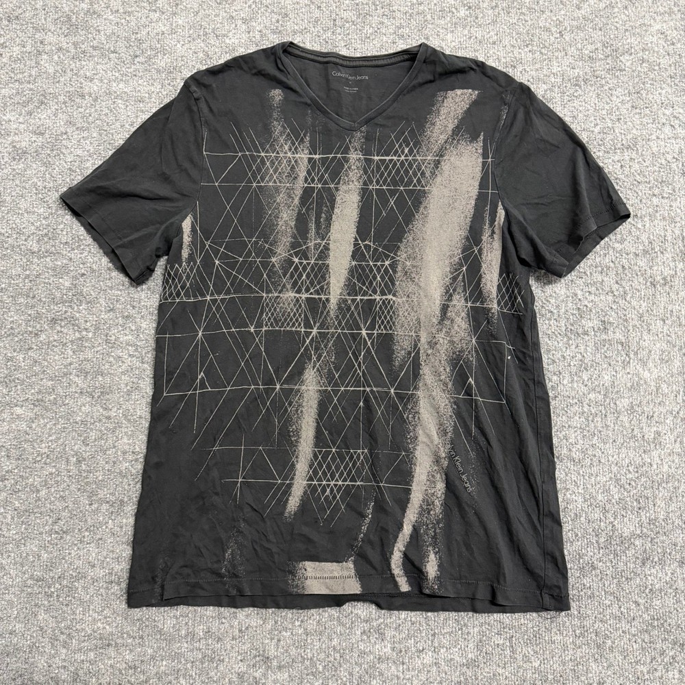 Calvin Klein Jeans T-Shirt Mens Size M Black Geometric Graphic V-Neck Cotton Tee