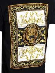 Italian T-Shirt Men Baroque Florals Shiny Stones Rhinestone Gold Tiger Crew Neck