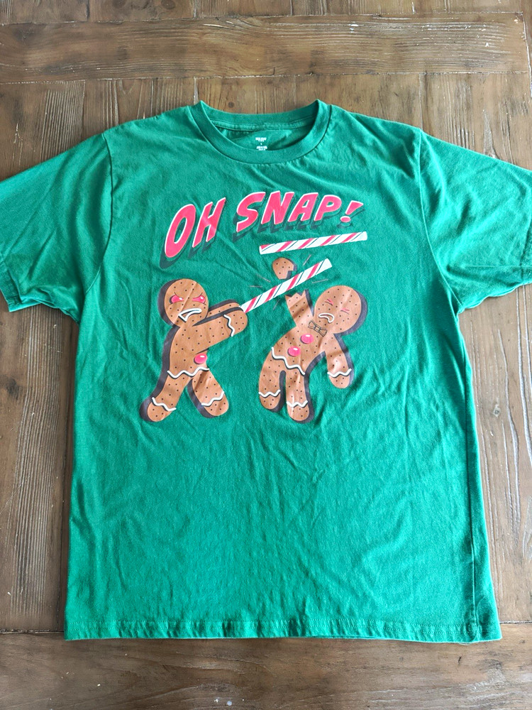 Holiday Time Men’s Green Gingerbread Man “OH SNAP!” Crewneck T-Shirt Size L