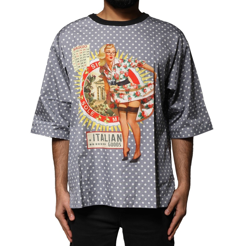 DOLCE & GABBANA T-shirt Gray Polka Dot Pin-Up Print Crew Neck IT48/US38/M 420usd