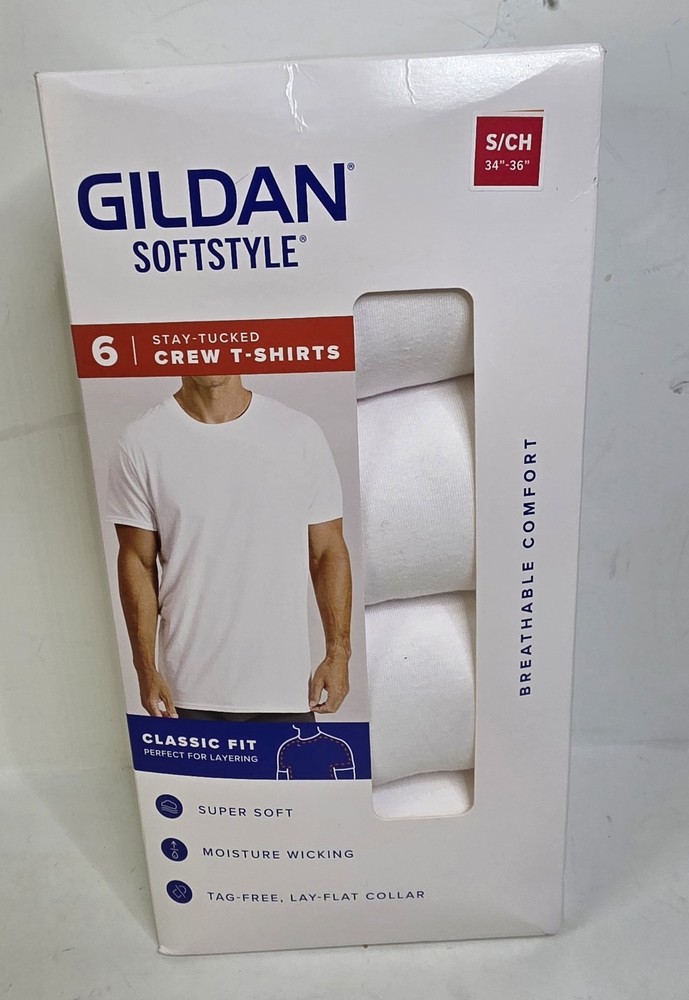 Gildan Softstyle 6pk White Stay Tucked Crew T-shirts Mens Small