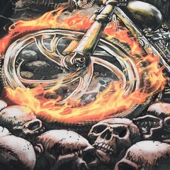 Biker style T-Shirt. Skeleton on a Burning Motorcycle.