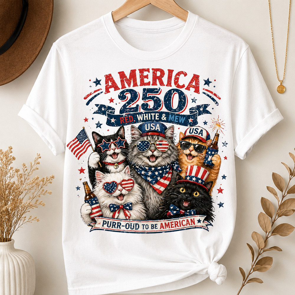America 250 Birthday Shirt Patriotic Cat USA Flag 4th July Tee Gift