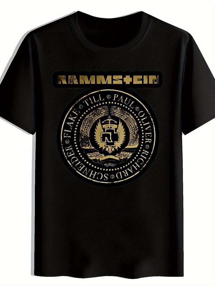 Men’s RAMMSTEIN Graphic Print Casual T-Shirt – Black Band Logo Tee with Golden L