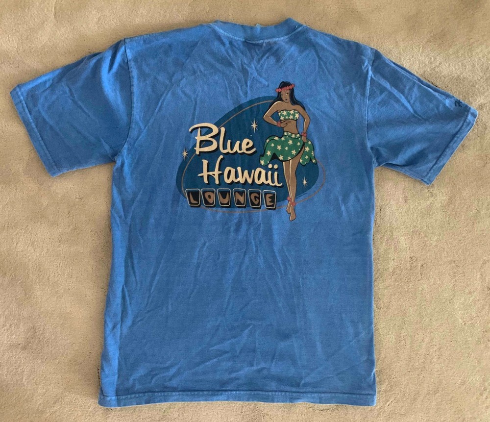 CRAZY SHIRTS Retro Blue Hawaii Lounge Cotton Tee S Tiki Hula Girl Hawaiian
