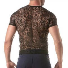 TOF PARIS Floral Lace T-Shirt Round Neck Semi-Sheer Black 35