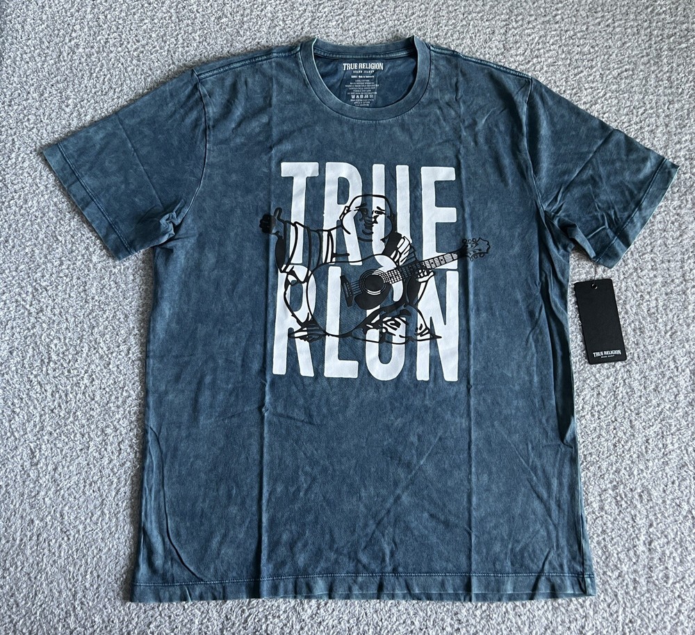 True Religion T Shirt Sz XL Blue Buddha Mineral Wash Distressed Short Sleeve