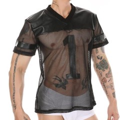 Men’s Transparent Fishnet Stripe Tee Tops Short Sleeve Black Mesh Sheer T-shirt