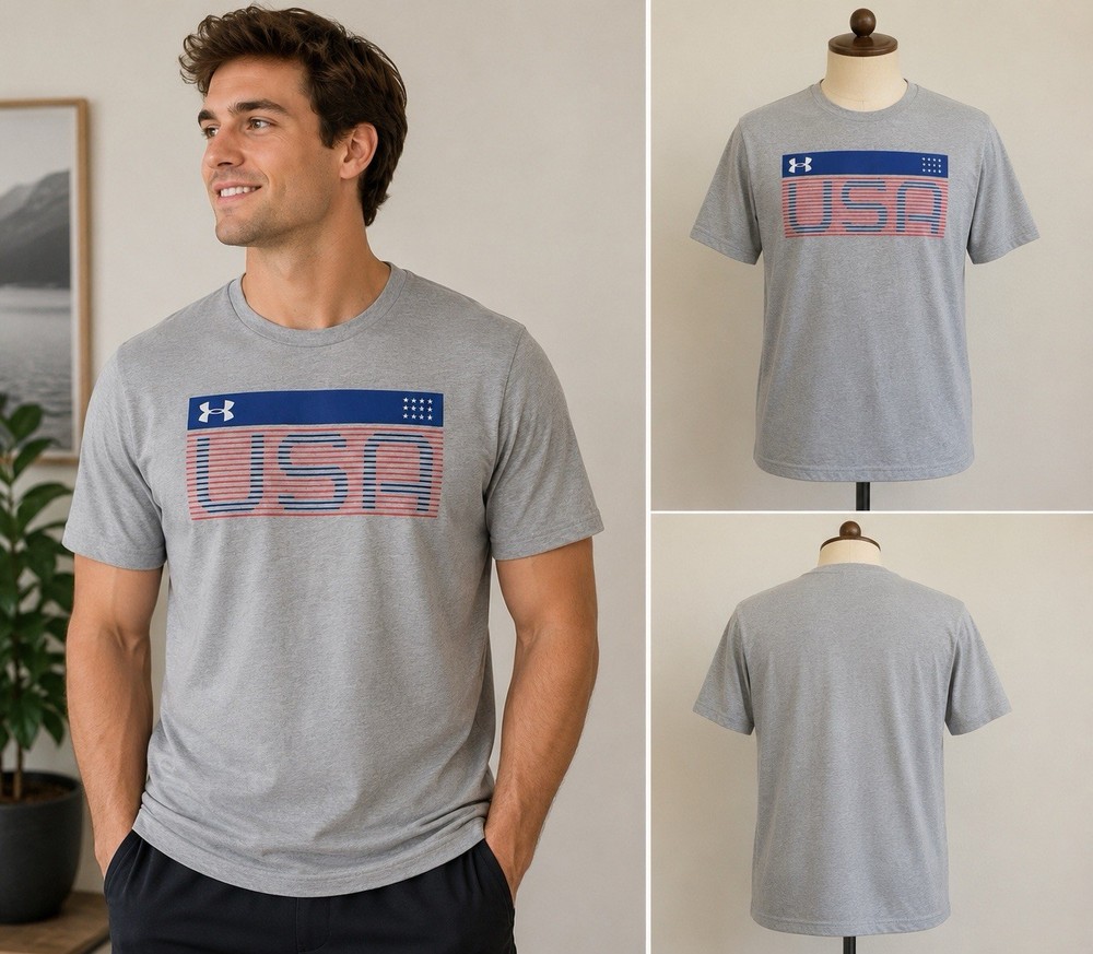 Under Armour USA Stylized Flag T-Shirt Size M Gray Heat Gear Loose Tee