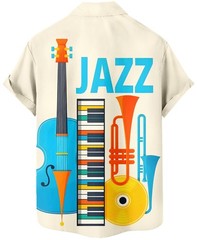 Jazz Music Hawaiian Shirt for Men, Short Sleeve Button Down with Musical Inst…