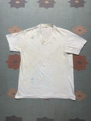 Vintage 70s blank white t shirt v neck soft combed cotton stained grunge XL