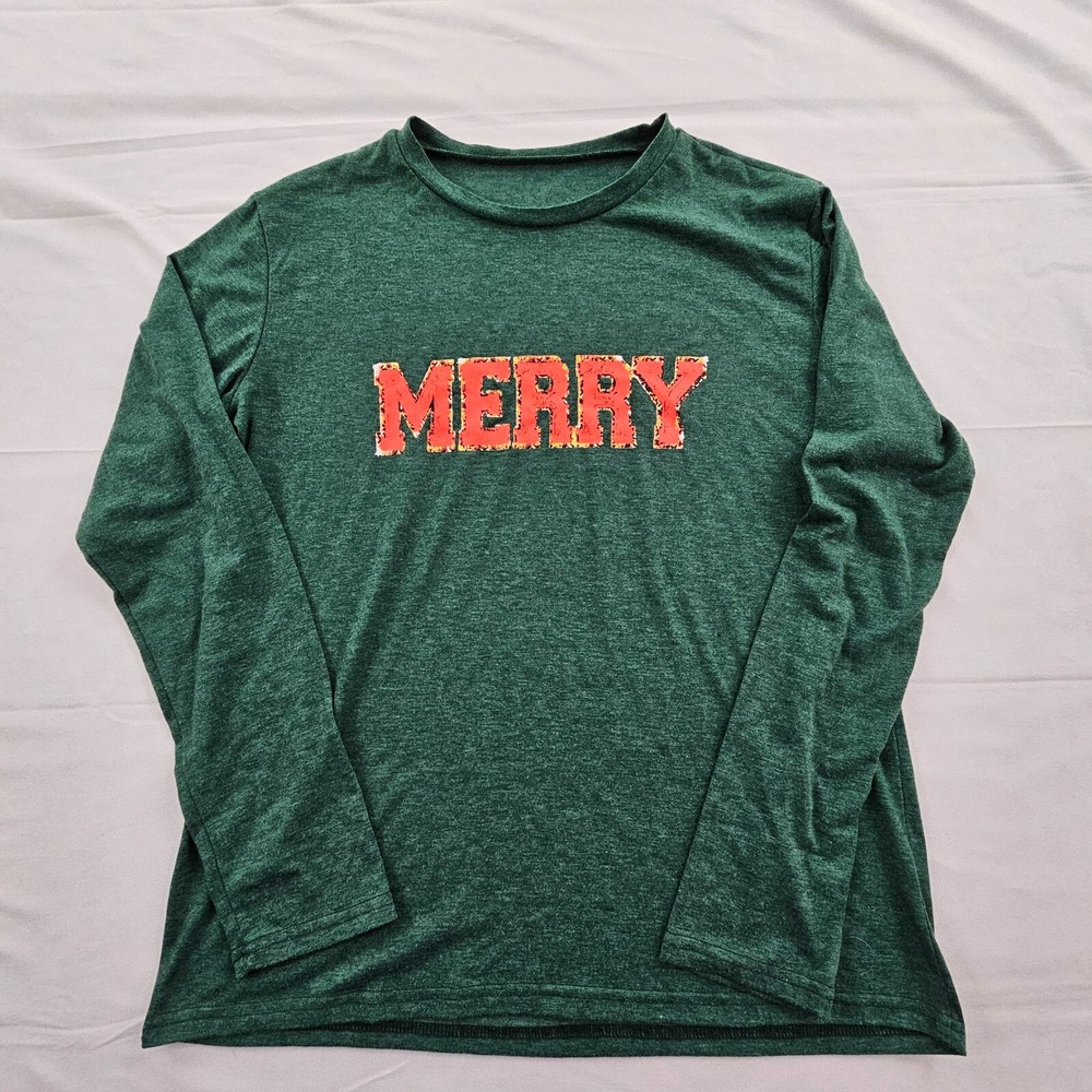 “Merry” Green Long Sleeve Cotton Blend Christmas T-Shirt Adult S