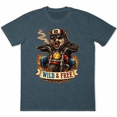 Wild & Free Wolf Biker Motorcycle Chopper Flames Funny Animal Graphic T-Shirt.
