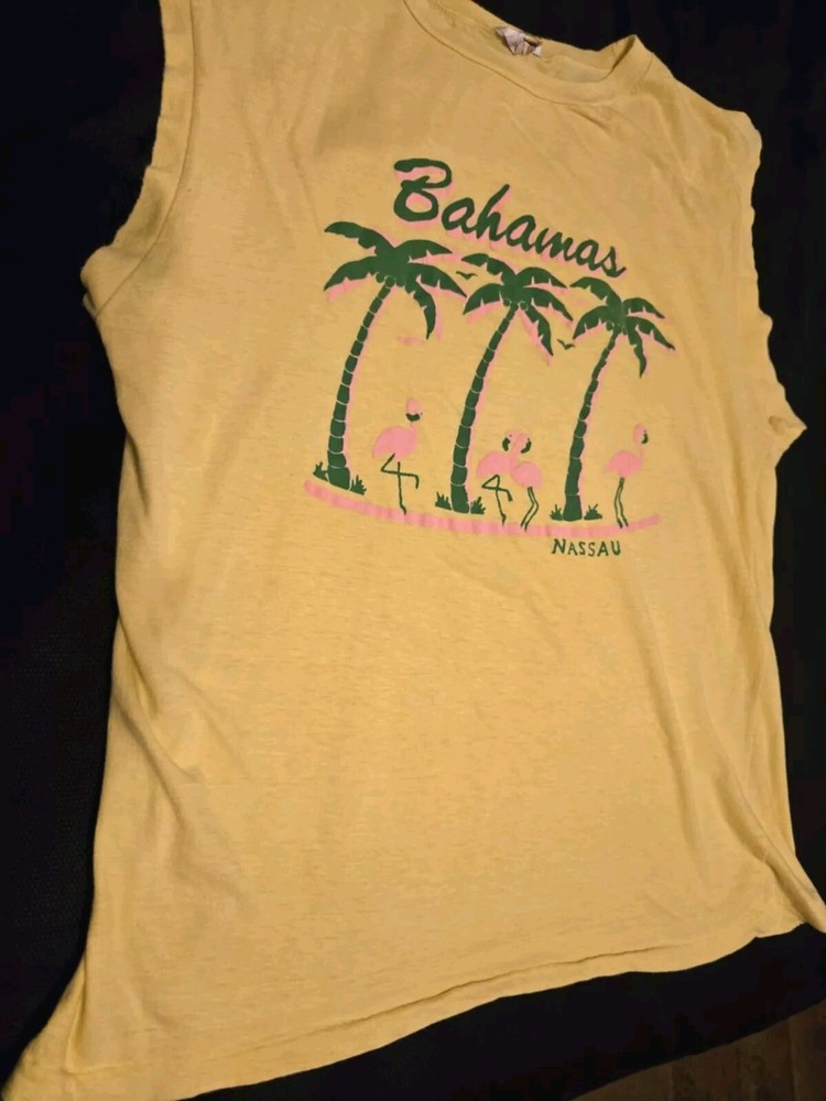Vintage Bahamas Nassaa Sleveless TShirt Yellow with Green/Pink Logo- singled…