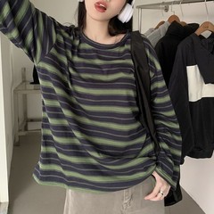 Korean Fashion Women’s Loose Striped Blouse Long Sleeve Crew Neck Streetwear
