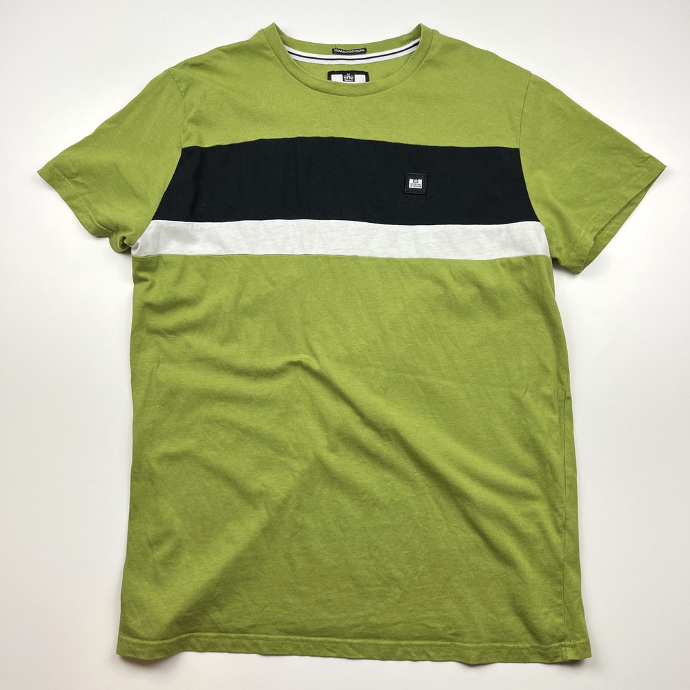 Weekend Offender T Shirt Mens Large Green Chest Stripe Logo Casual Crew Neck
