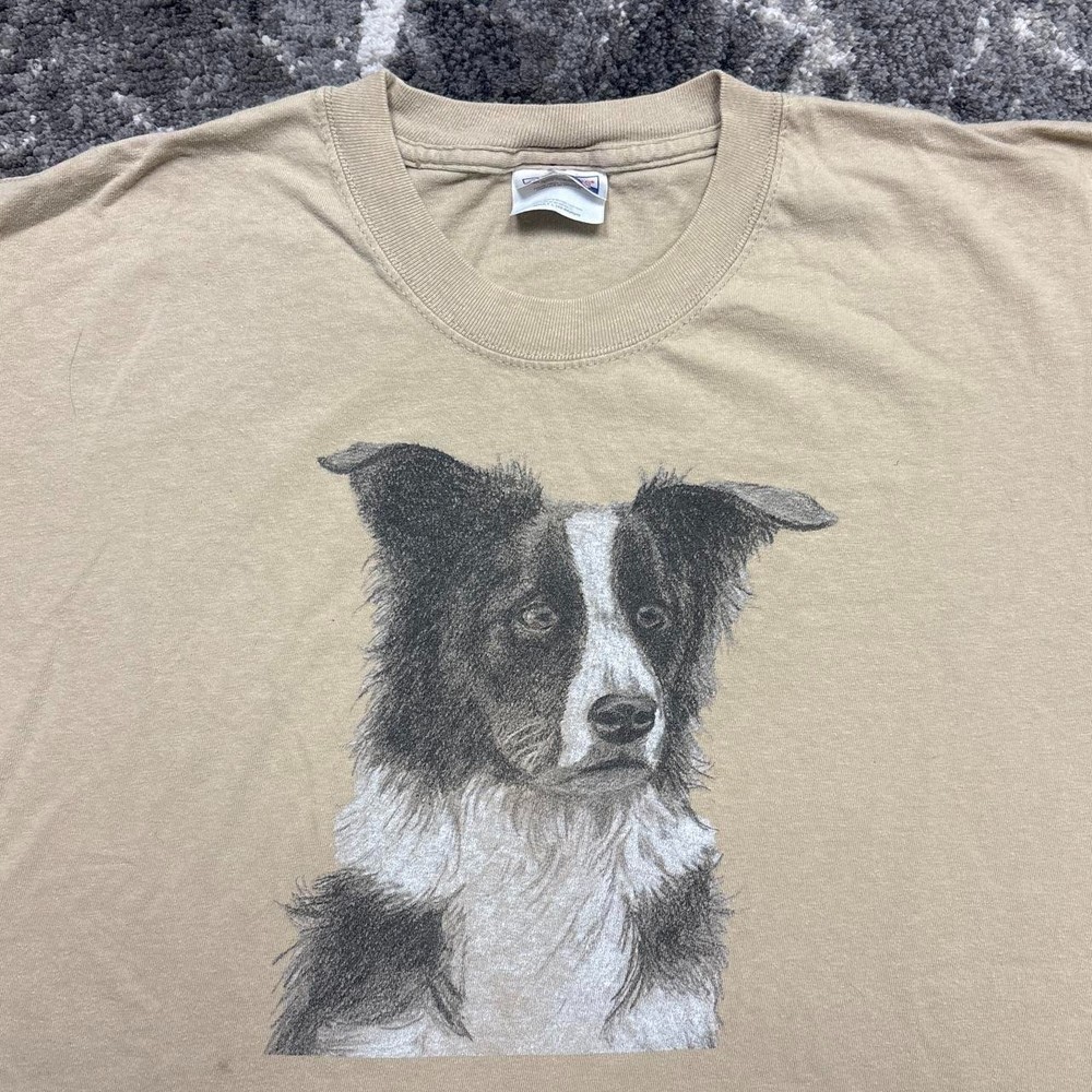 Vintage Border Collie Dog Art Shirt Mens Large 90s Y2K Brown Nature Pets Animals
